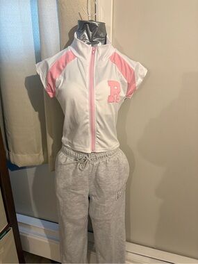 White & Pink Zip-Front Crop Top with Raglan Sleeves